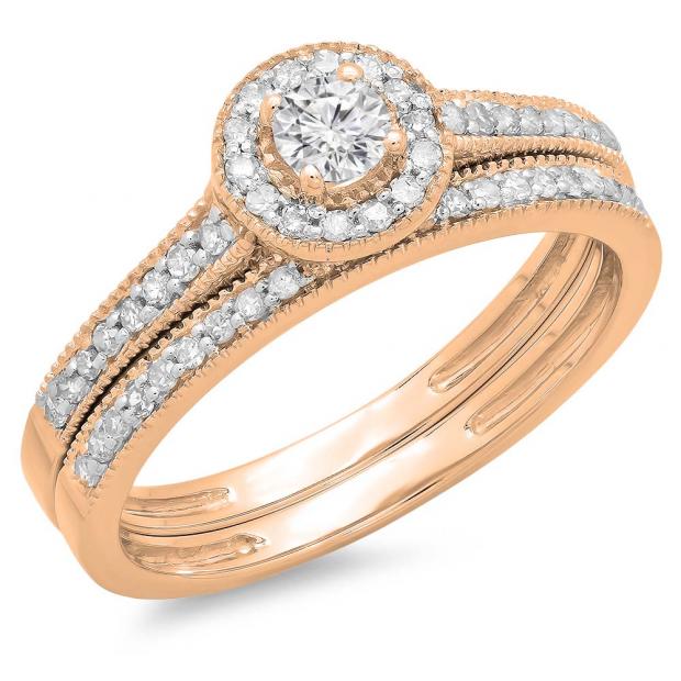 0.50 Carat (ctw) 14K Rose Gold Round Diamond Ladies Halo Style Bridal Engagement Ring With Matching Band Set 1/2 CT