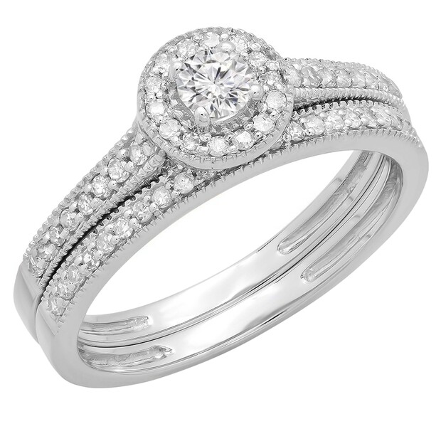 0.50 Carat (ctw) 14K White Gold Round Diamond Ladies Halo Style Bridal Engagement Ring With Matching Band Set 1/2 CT