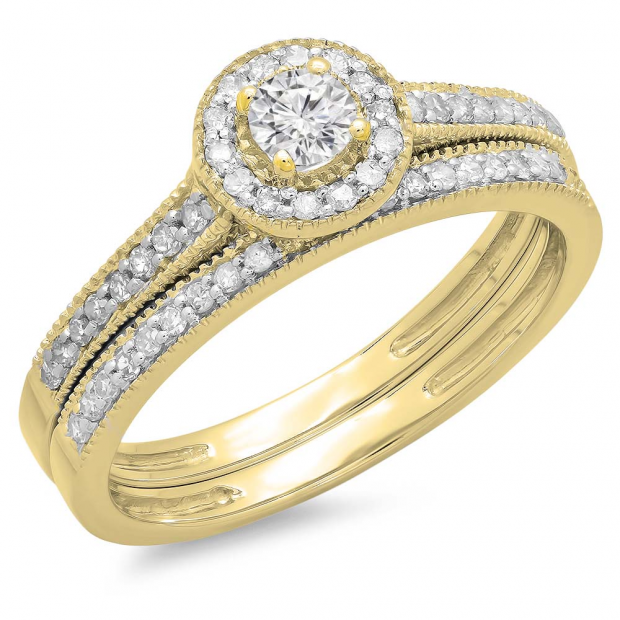 0.50 Carat (ctw) 14K Yellow Gold Round Diamond Ladies Halo Style Bridal Engagement Ring With Matching Band Set 1/2 CT