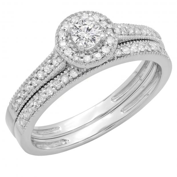 0.50 Carat (ctw) 18K White Gold Round Diamond Ladies Halo Style Bridal Engagement Ring With Matching Band Set 1/2 CT