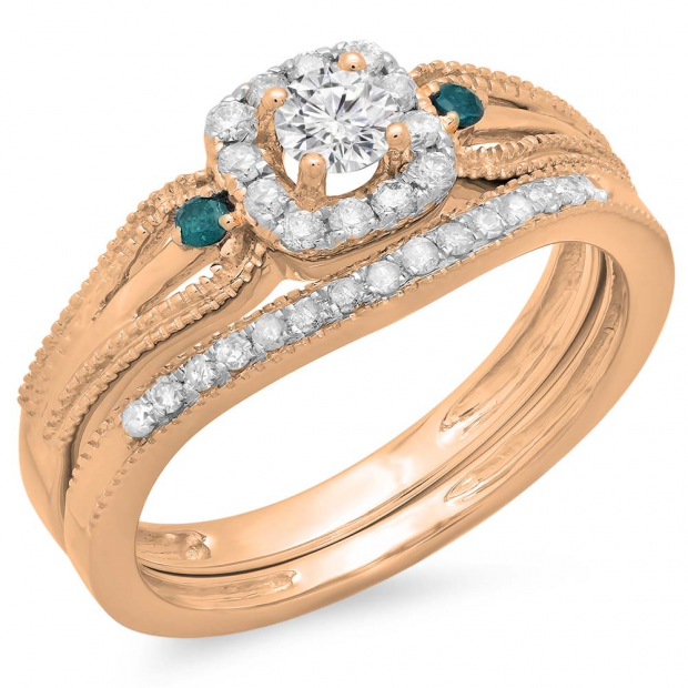0.50 Carat (ctw) 14K Rose Gold Round White and Blue Diamond Ladies Halo Style Bridal Engagement Ring With Matching Band Set 1/2 CT