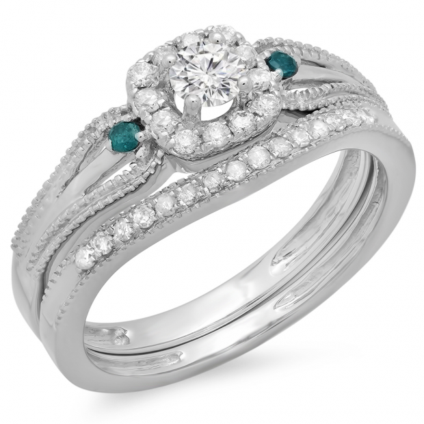 0.50 Carat (ctw) 14K White Gold Round White and Blue Diamond Ladies Halo Style Bridal Engagement Ring With Matching Band Set 1/2 CT