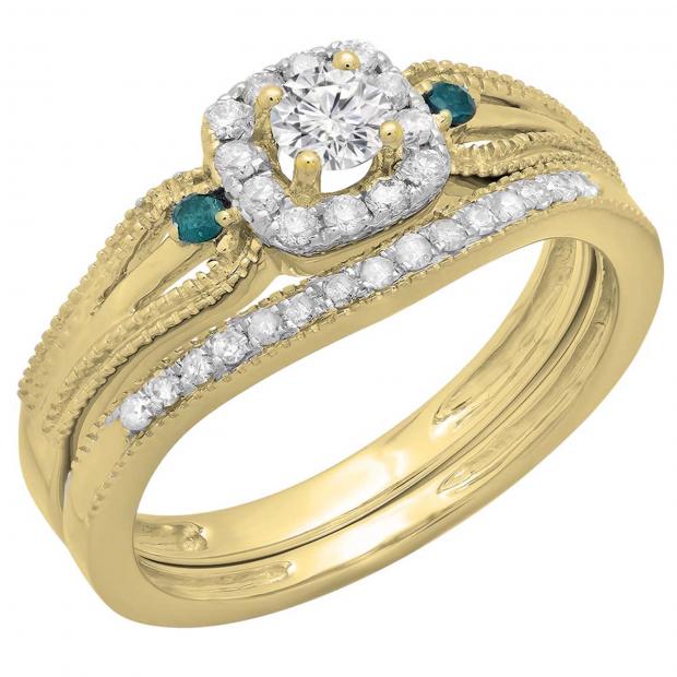 0.50 Carat (ctw) 14K Yellow Gold Round White and Blue Diamond Ladies Halo Style Bridal Engagement Ring With Matching Band Set 1/2 CT