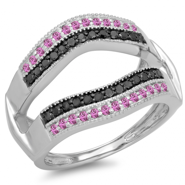 0.55 Carat (ctw) 10K White Gold Round Pink Sapphire & Black Diamond Ladies Double Row Anniversary Wedding Band Milgrain Guard Double Ring 1/2 CT