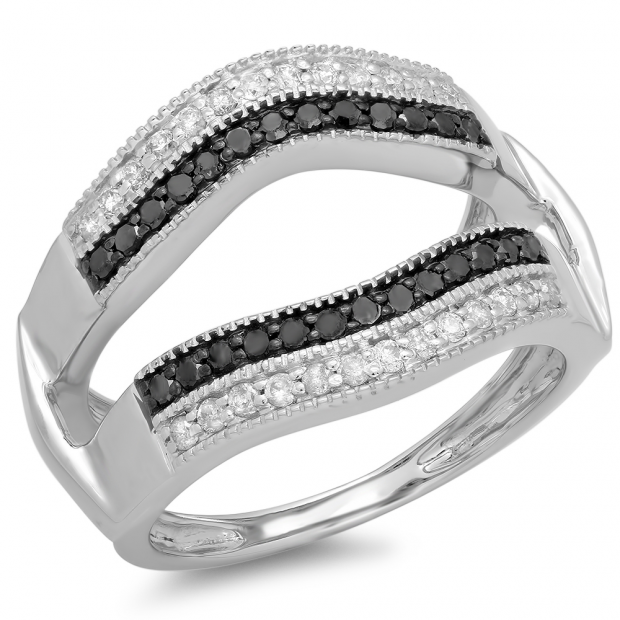 0.55 Carat (ctw) 10K White Gold Round Black & White Diamond Ladies Double Row Anniversary Wedding Band Milgrain Guard Double Ring 1/2 CT