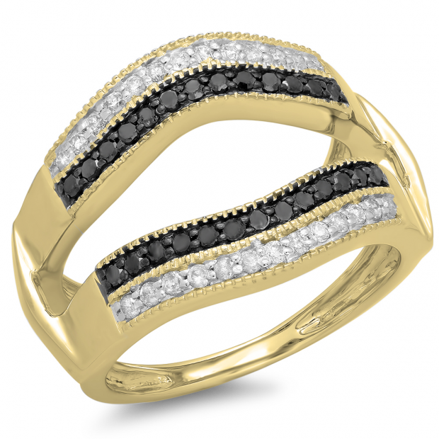 0.55 Carat (ctw) 14K Yellow Gold Round Black & White Diamond Ladies Double Row Anniversary Wedding Band Milgrain Guard Double Ring 1/2 CT