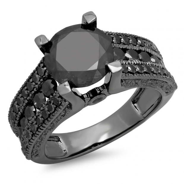 4.00 Carat (ctw) Black Rhodium Plated 10K White Gold Round Black Diamond Ladies Vintage Style Solitaire With Accents Bridal Engagement Ring 4 CT