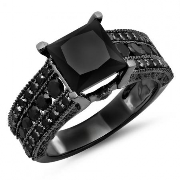 5.10 Carat (ctw) Black Rhodium Plated 10K White Gold AA QUALITY Princess & Round Black Diamond Ladies Vintage Style Solitaire With Accents Bridal Engagement Ring