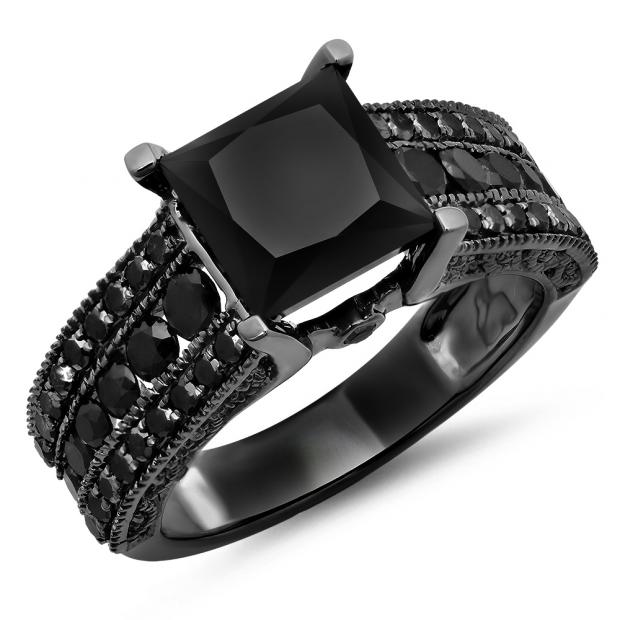5.10 Carat (ctw) Black Rhodium Plated 18K White Gold Princess & Round Black Diamond Ladies Vintage Style Solitaire With Accents Bridal Engagement Ring
