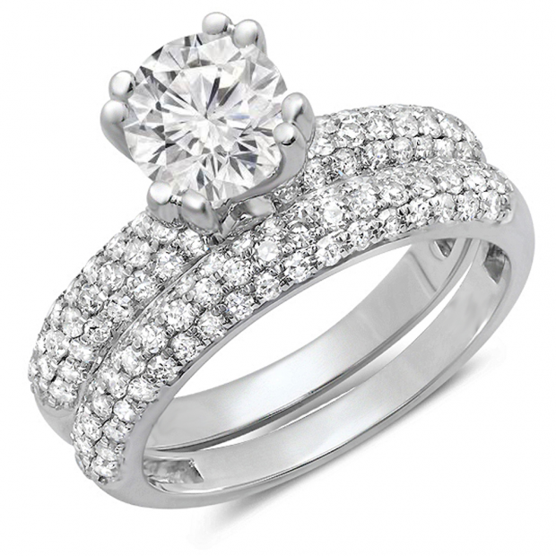 2.00 Carat (Ctw) 10K White Gold Round Cut Diamond Ladies Bridal Engagement Ring With Matching Band Set 2 CT