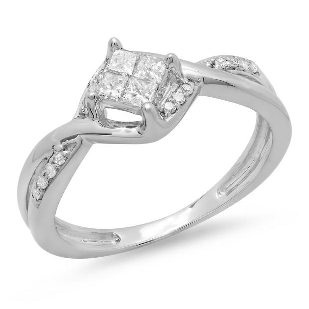 0.33 Carat (ctw) 10K White Gold Princess & Round Cut Diamond Ladies Bridal Swirl Wave Engagement Ring 1/3 CT