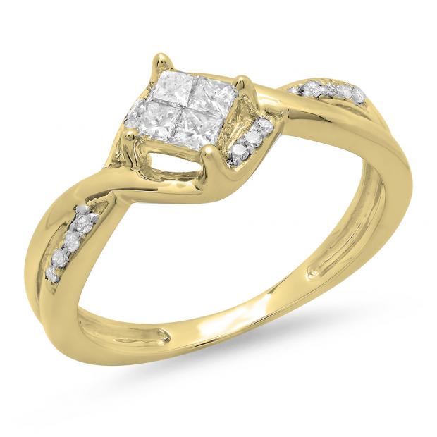 0.33 Carat (ctw) 14K Yellow Gold Princess & Round Cut Diamond Ladies Bridal Swirl Wave Engagement Ring 1/3 CT