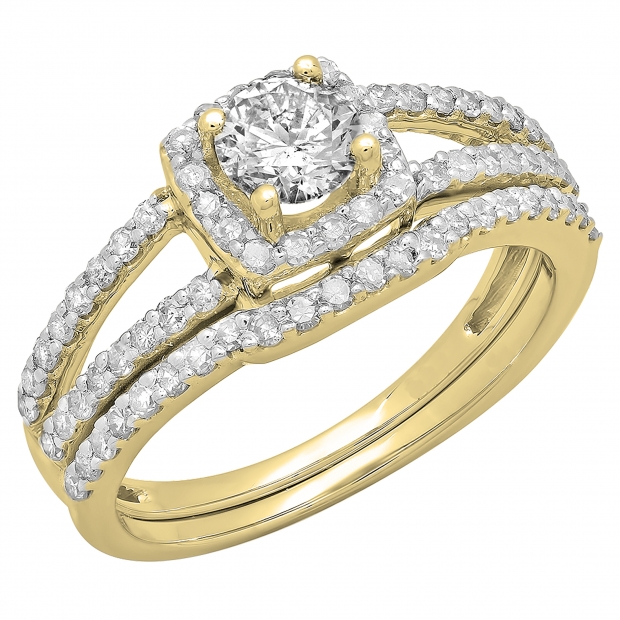 1.00 Carat (ctw) 14K Yellow Gold Round Diamond Ladies Split Shank Halo Bridal Engagement Ring With Matching Band Set 1 CT