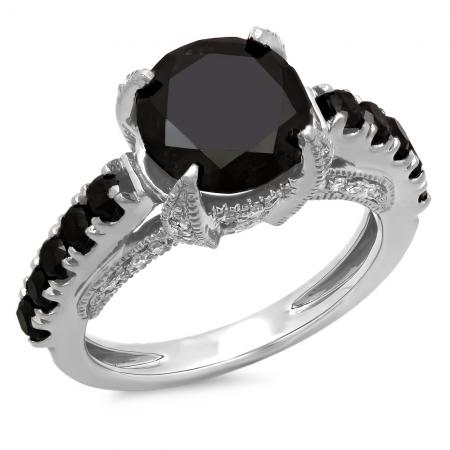 4.50 Carat (ctw)14K White Gold Round Black and White Diamond Ladies Vintage Style Solitaire With Accents Bridal Engagement Ring 4 CT