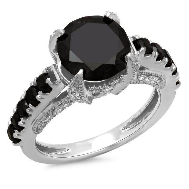 4.00 Carat (ctw)14K White Gold Round Black and White Diamond Ladies Vintage Style Solitaire With Accents Bridal Engagement Ring 4 CT