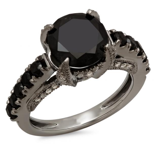 4.00 Carat (ctw) Black Rhodium Plated 18K White Gold Round Black and White Diamond Ladies Vintage Style Solitaire With Accents Bridal Engagement Ring 4 CT