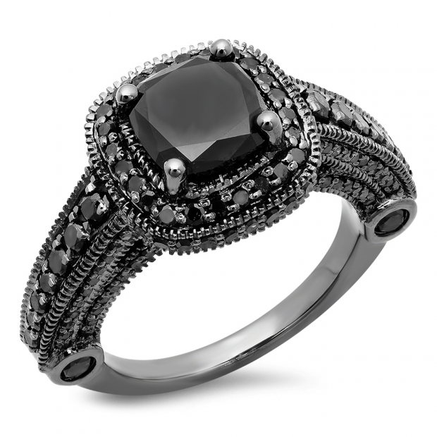 4.50 Carat (ctw) Black Rhodium Plated 14K White Gold Black Diamond Ladies Vintage Style Halo Bridal Engagement Ring 4 1/2 CT