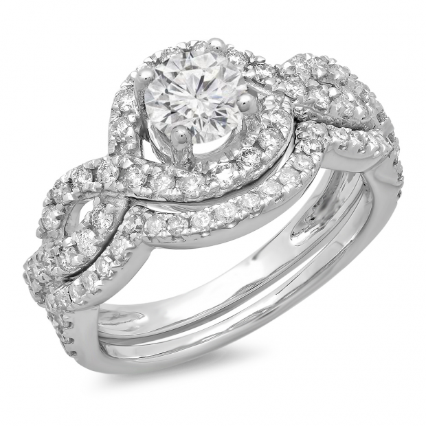 1.50 Carat (ctw) 14K White Gold Round Diamond Ladies Swirl Bridal Halo Engagement Ring With Matching Band Set 1 1/2 CT