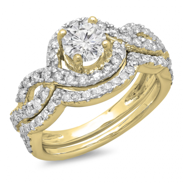 1.50 Carat (Ctw) 14K Yellow Gold Round Diamond Ladies Swirl Bridal Halo Engagement Ring With Matching Band Set 1 1/2 CT