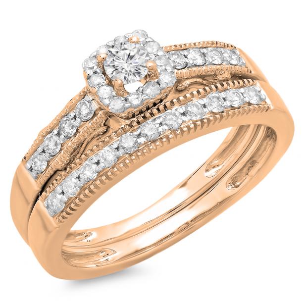 0.50 Carat (ctw) 10K Rose Gold Round Diamond Ladies Halo Engagement Bridal Ring With Matching Band Set 1/2 CT