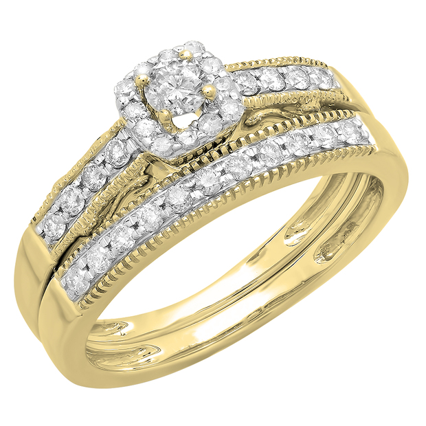 0.50 Carat (ctw) 10K Yellow Gold Round Diamond Ladies Halo Engagement Bridal Ring With Matching Band Set 1/2 CT