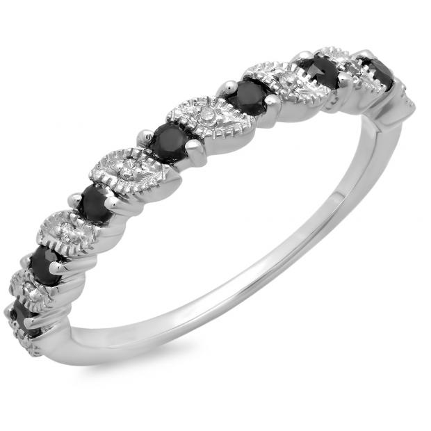 0.30 Carat (ctw) 10K White Gold Round Black and White Diamond Ladies Wedding Anniversary Milgrain Stackable Band Ring 1/3 CT