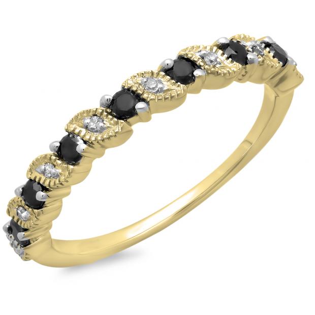 0.30 Carat (ctw) 10K Yellow Gold Round Black and White Diamond Ladies Wedding Anniversary Milgrain Stackable Band Ring 1/3 CT