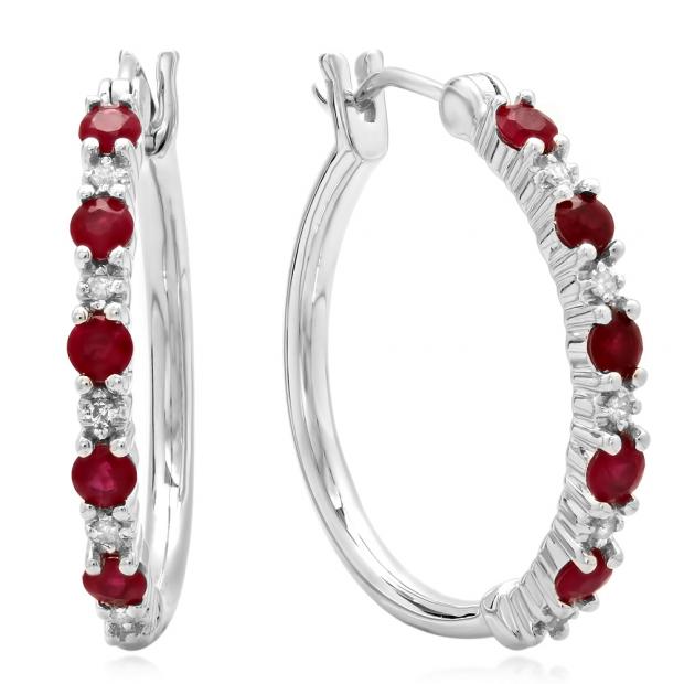 0.75 Carat (ctw) Sterling Silver Round White Diamond & Red Ruby Ladies Fine Dainty Hoop Earrings 3/4 CT