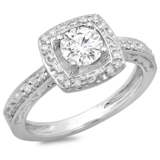 1.00 Carat (ctw) 14K White Gold Round Cut Diamond Ladies Vintage Style Halo Bridal Engagement Ring 1 CT