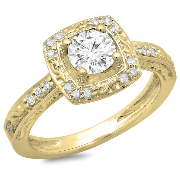 1.00 Carat (ctw) 14K Yellow Gold Round Cut Diamond Ladies Vintage Style Halo Bridal Engagement Ring 1 CT