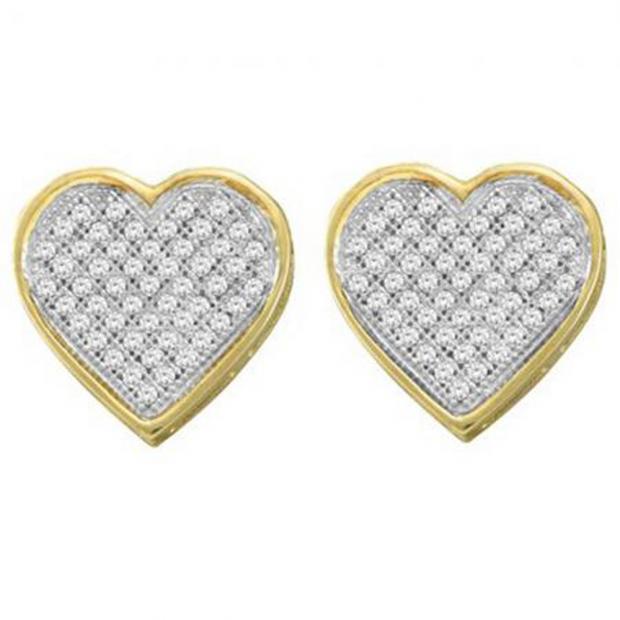 0.25 Carat (ctw) 10K Yellow Gold Round Cut White Diamond Ladies Micro Pave Heart Shape Stud Earrings 1/4 CT