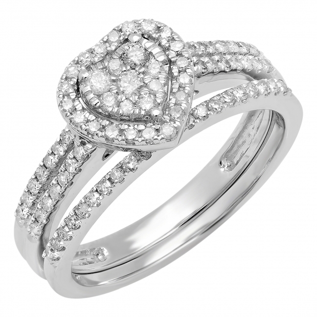 0.50 Carat (ctw) 10K White Gold Round Cut Diamond Ladies Split Shank Heart Shaped Bridal Engagement Ring With Matching Band Set 1/2 CT