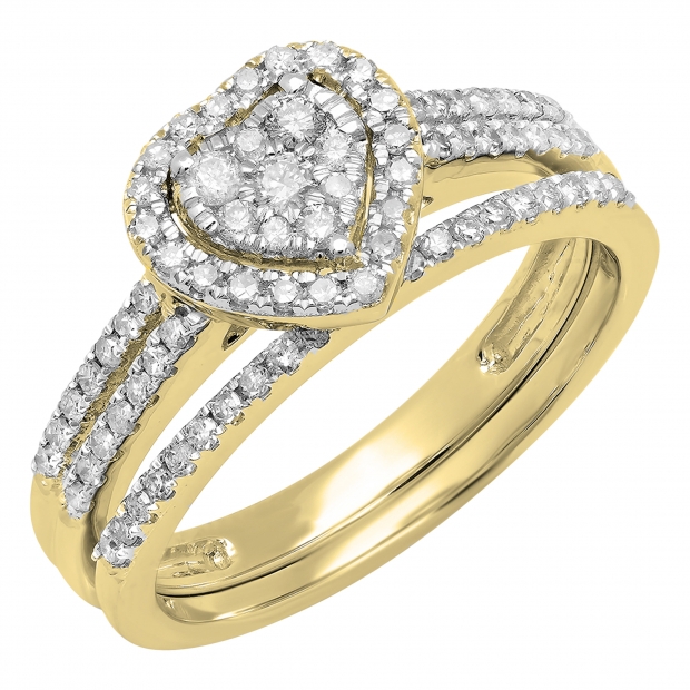 0.50 Carat (ctw) 10K Yellow Gold Round Cut Diamond Ladies Split Shank Heart Shaped Bridal Engagement Ring With Matching Band Set 1/2 CT