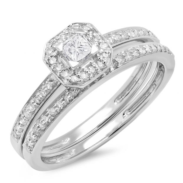 0.55 Carat (ctw) 14K White Gold Princess & Round Cut Diamond Ladies Halo Engagement Bridal Ring With Matching Band Set 1/2 CT
