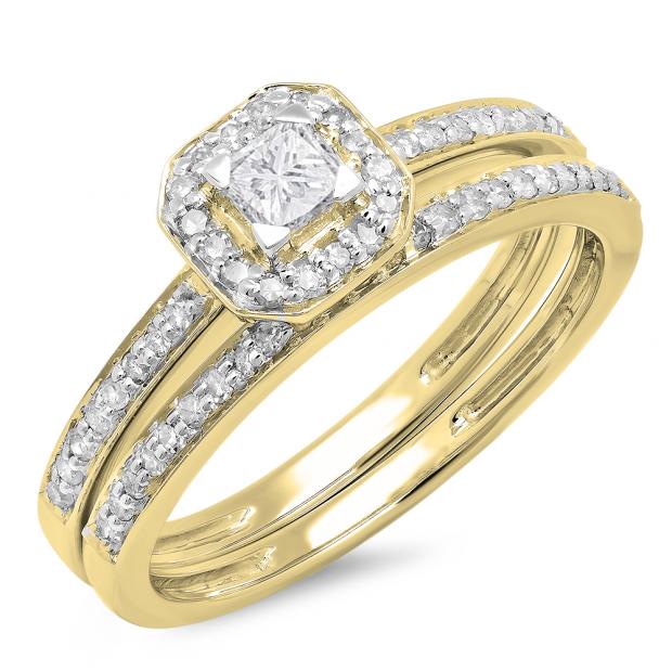 0.55 Carat (ctw) 14K Yellow Gold Princess & Round Cut Diamond Ladies Halo Engagement Bridal Ring With Matching Band Set 1/2 CT