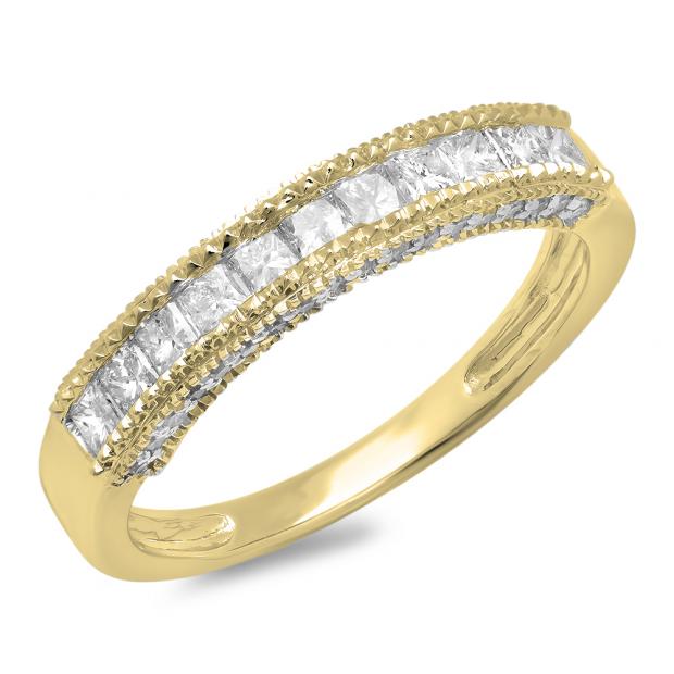 0.75 Carat (ctw) 14K Yellow Gold Princess & Round Diamond Ladies Anniversary Wedding Matching Band Stackable Ring 3/4 CT