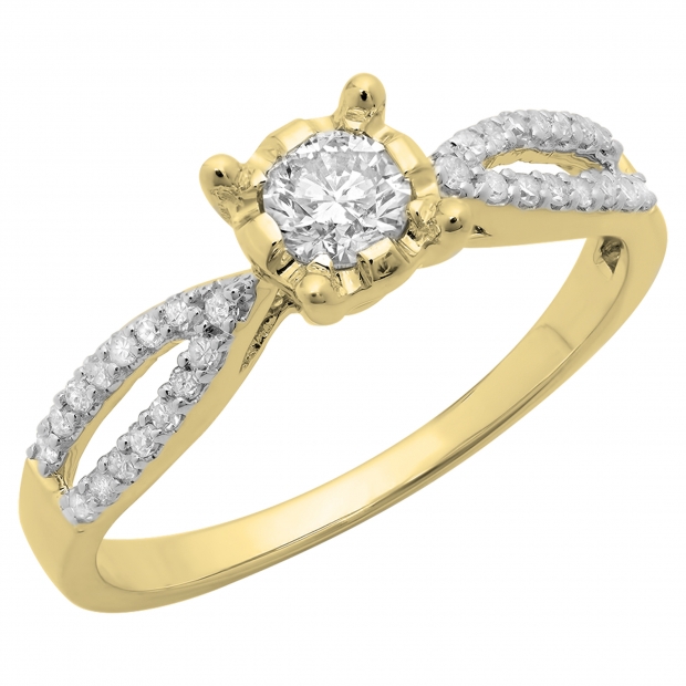 0.50 Carat (ctw) 18K Yellow Gold Round Diamond Ladies Solitaire With Accents Bridal Split Shank Engagement Ring 1/2 CT