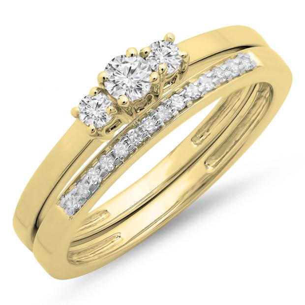 0.33 Carat (ctw) 10K Yellow Gold Round Cut Diamond Ladies Bridal Engagement 3 Stone Ring With Matching Wedding Band Set 1/3 CT