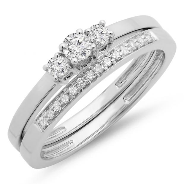 0.33 Carat (ctw) 14K White Gold Round Cut Diamond Ladies Bridal Engagement 3 Stone Ring With Matching Wedding Band Set 1/3 CT