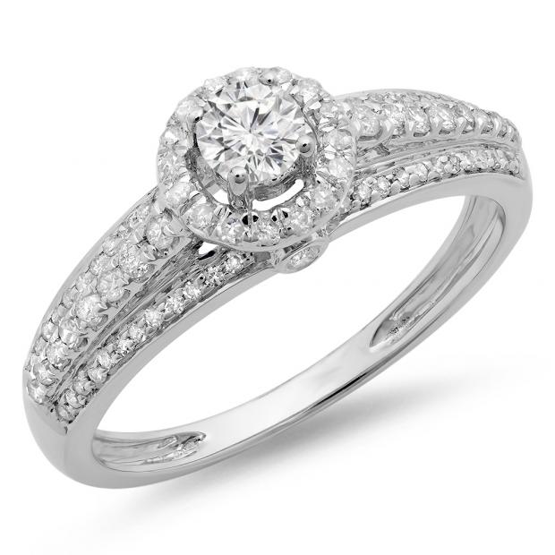 0.75 Carat (ctw) 14K White Gold Round Cut Diamond Ladies Bridal Halo Style Engagement Ring 3/4 CT