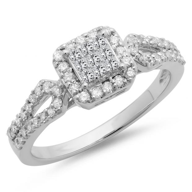 0.60 Carat (ctw) 10K White Gold Princess & Round Cut Diamond Ladies Split Shank Bridal Engagement Ring