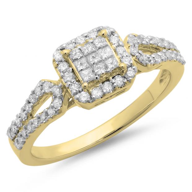 0.60 Carat (ctw) 10K Yellow Gold Princess & Round Cut Diamond Ladies Split Shank Bridal Engagement Ring