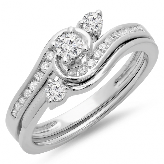 0.50 Carat (ctw) 18K White Gold Round Diamond Ladies Bridal Twisted Swirl Engagement Ring With Matching Band Set 1/2 CT