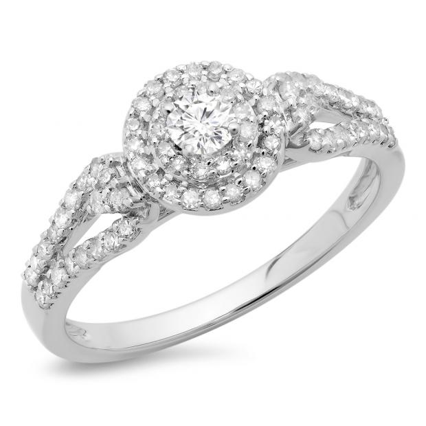 0.60 Carat (ctw) 18K White Gold Round Cut Diamond Ladies Split Shank Vintage Style Bridal Halo Engagement Ring