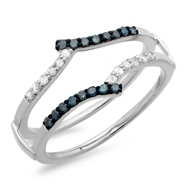 0.25 Carat (ctw) 14K White Gold Round White & Blue Diamond Ladies Anniversary Wedding Band Guard Double Ring 1/4 CT