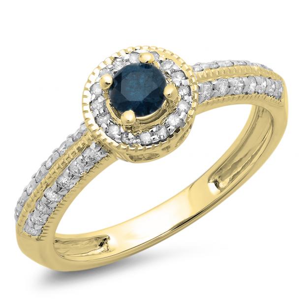 0.70 Carat (ctw) 10K Yellow Gold Round Blue & White Diamond Ladies Bridal Vintage Style Milgrain Halo Engagement Ring 3/4 CT