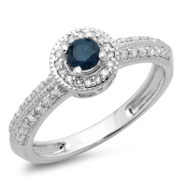 0.70 Carat (ctw) 14K White Gold Round Blue & White Diamond Ladies Bridal Vintage Style Milgrain Halo Engagement Ring 3/4 CT