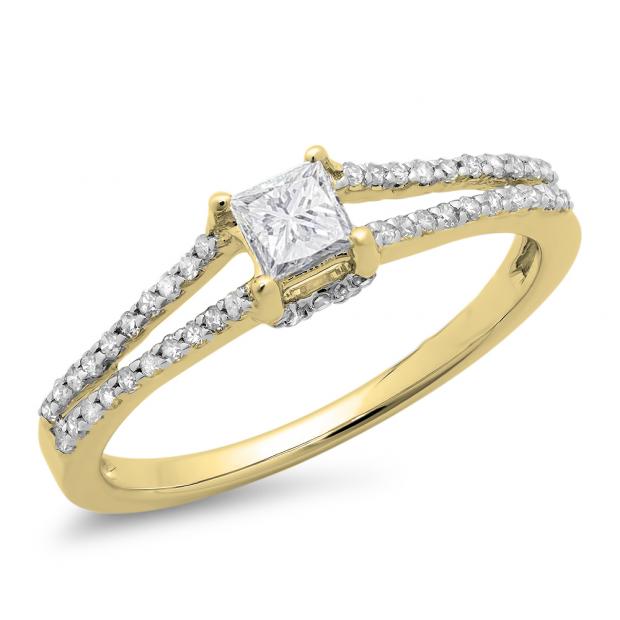 0.50 Carat (ctw) 10K Yellow Gold Princess & Round Diamond Ladies Solitaire With Accents Bridal Split Shank Engagement Ring 1/2 CT