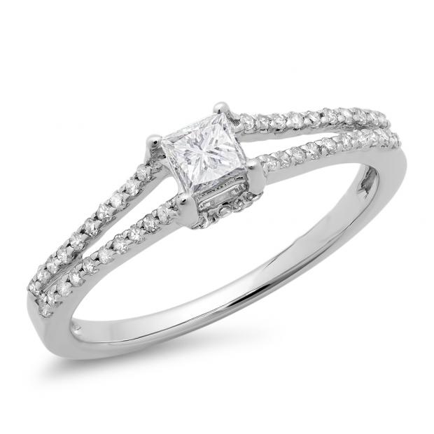 0.50 Carat (ctw) 14K White Gold Princess & Round Diamond Ladies Solitaire With Accents Bridal Split Shank Engagement Ring 1/2 CT
