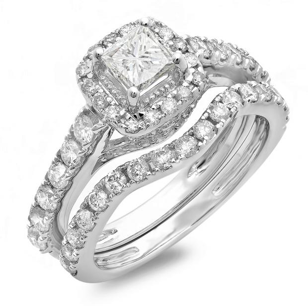 2.00 Carat (ctw) 10K White Gold Princess & Round Diamond Ladies Halo Style Bridal Engagement Ring Matching Band Set 2 CT